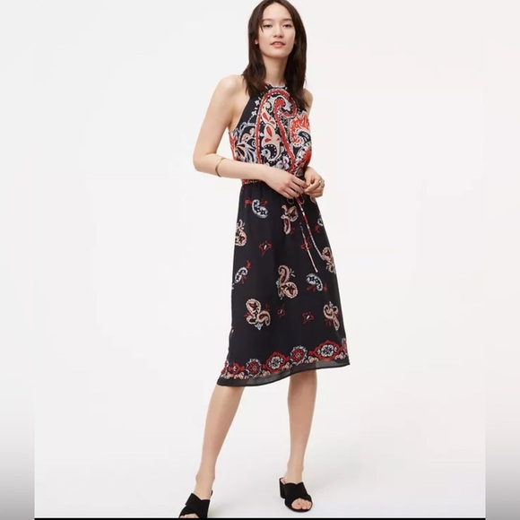 Ann Taylor LOFT Black Sunset Paisley Halter Dress Large Petite Boho Beach Y2K - Picture 1 of 14